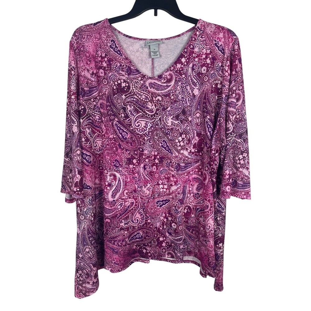 Catherines 3X Pink Purple Paisley Tunic Top Stretch Knit 3/4 Sleeve Sequin